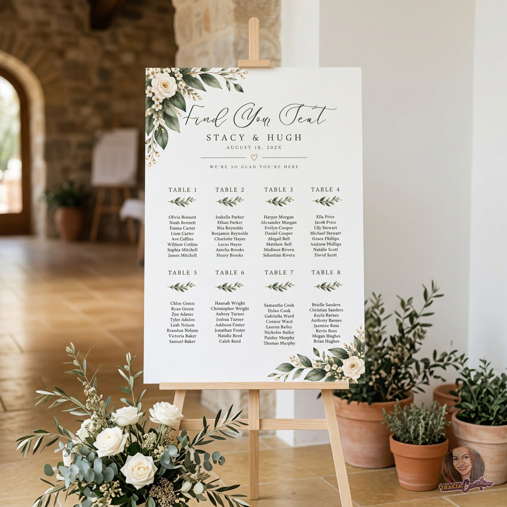Greenery Wedding Seating Chart Template, Eucalyptus Editable Canva Seating Plan