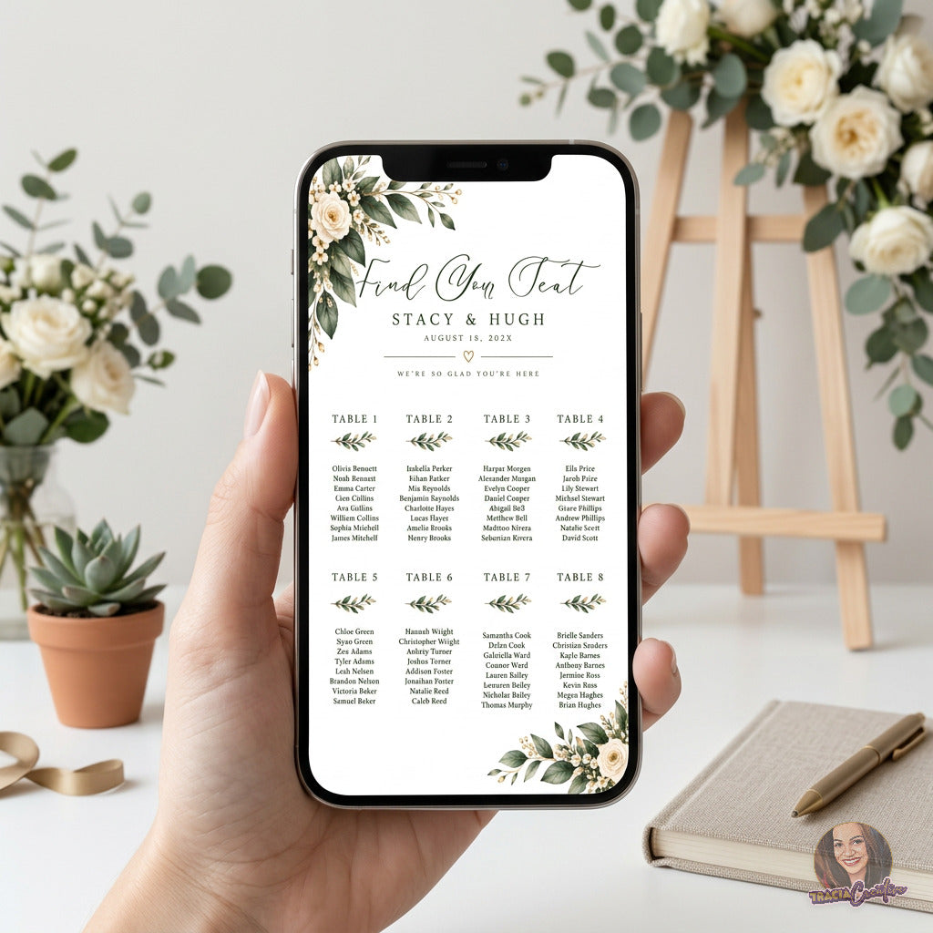 Greenery Wedding Seating Chart Template, Eucalyptus Editable Canva Seating Plan