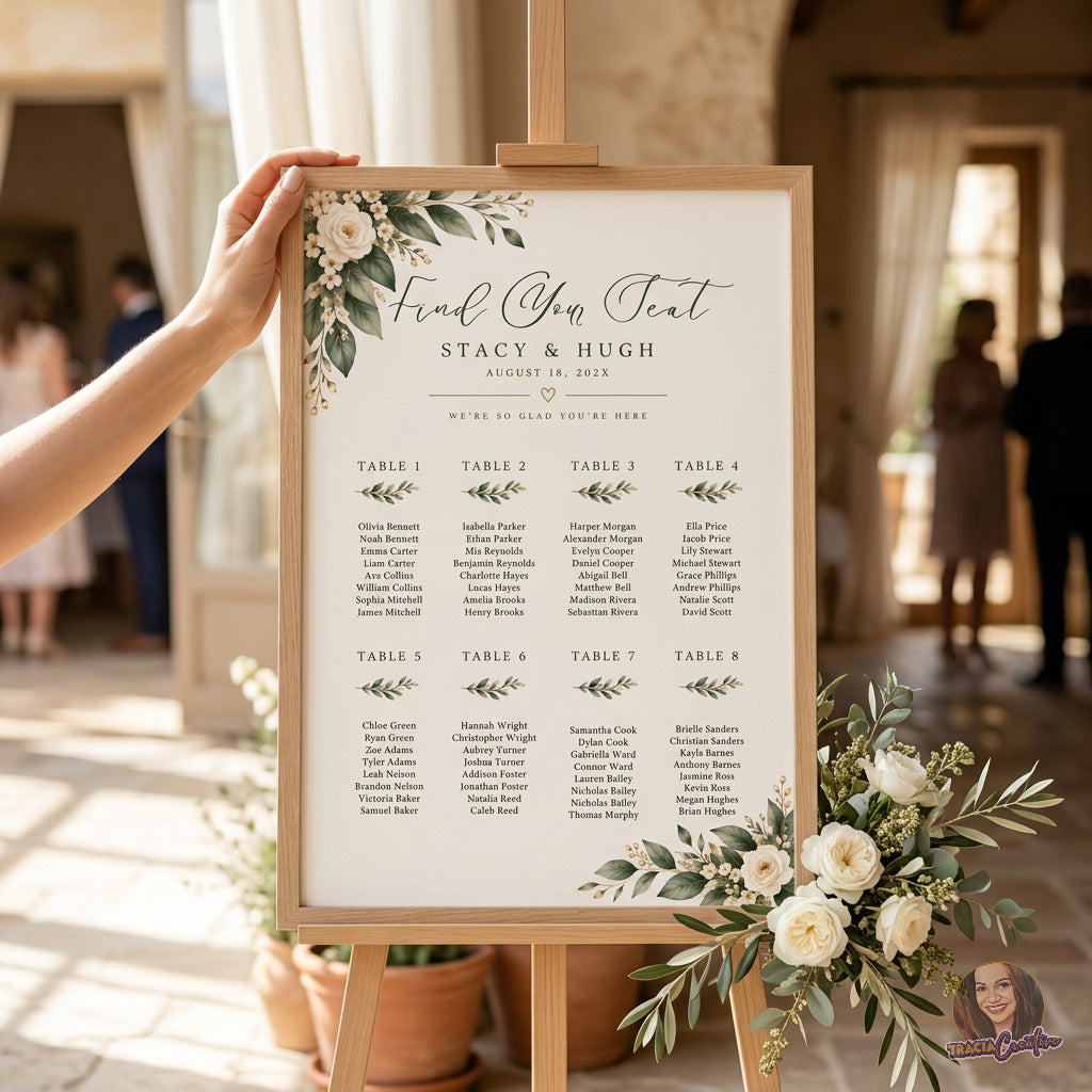 Greenery Wedding Seating Chart Template, Eucalyptus Editable Canva Seating Plan