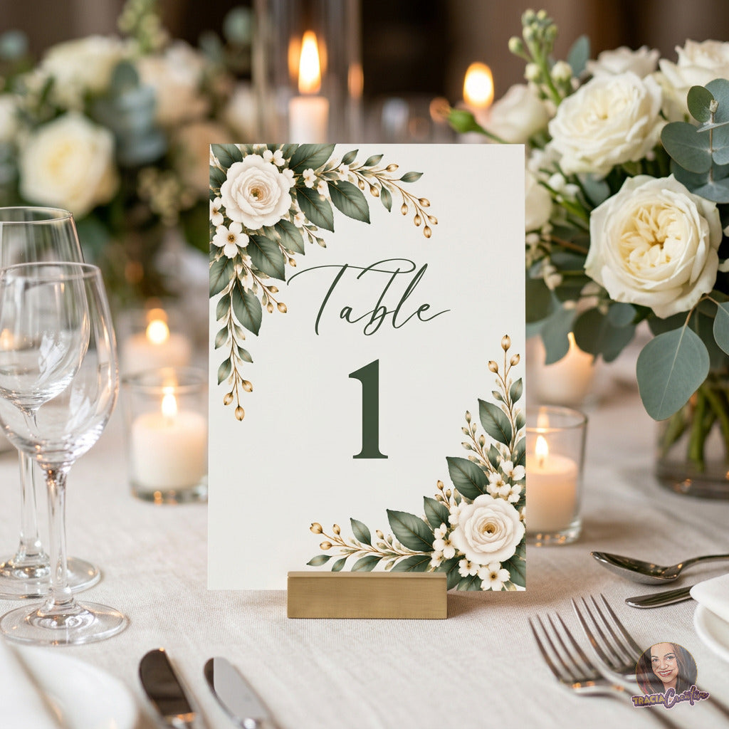 Greenery Wedding Table Numbers Template, Eucalyptus Editable Canva Table Numbers 1–20, 5x7