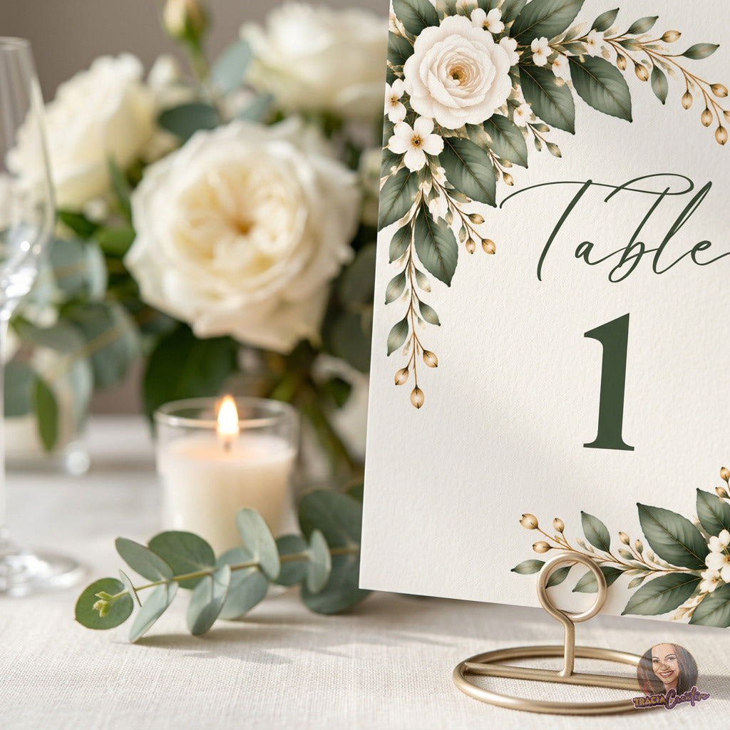 Greenery Wedding Table Numbers Template, Eucalyptus Editable Canva Table Numbers 1–20, 5x7