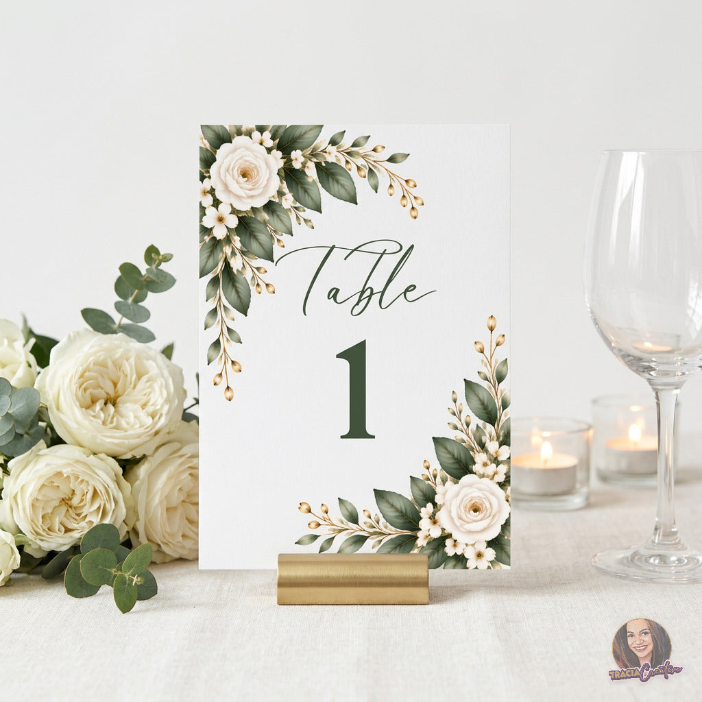 Greenery Wedding Table Numbers Template, Eucalyptus Editable Canva Table Numbers 1–20, 5x7