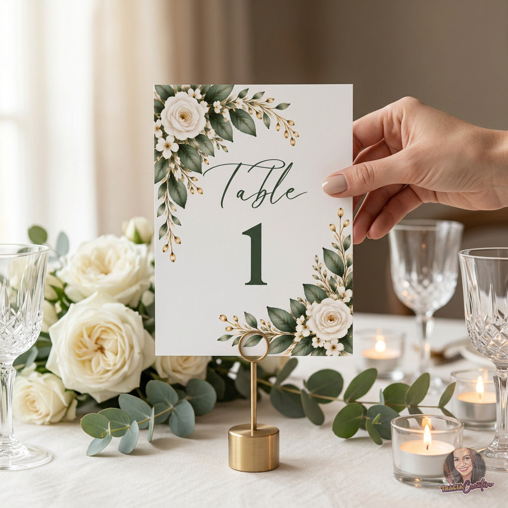 Greenery Wedding Table Numbers Template, Eucalyptus Editable Canva Table Numbers 1–20, 5x7