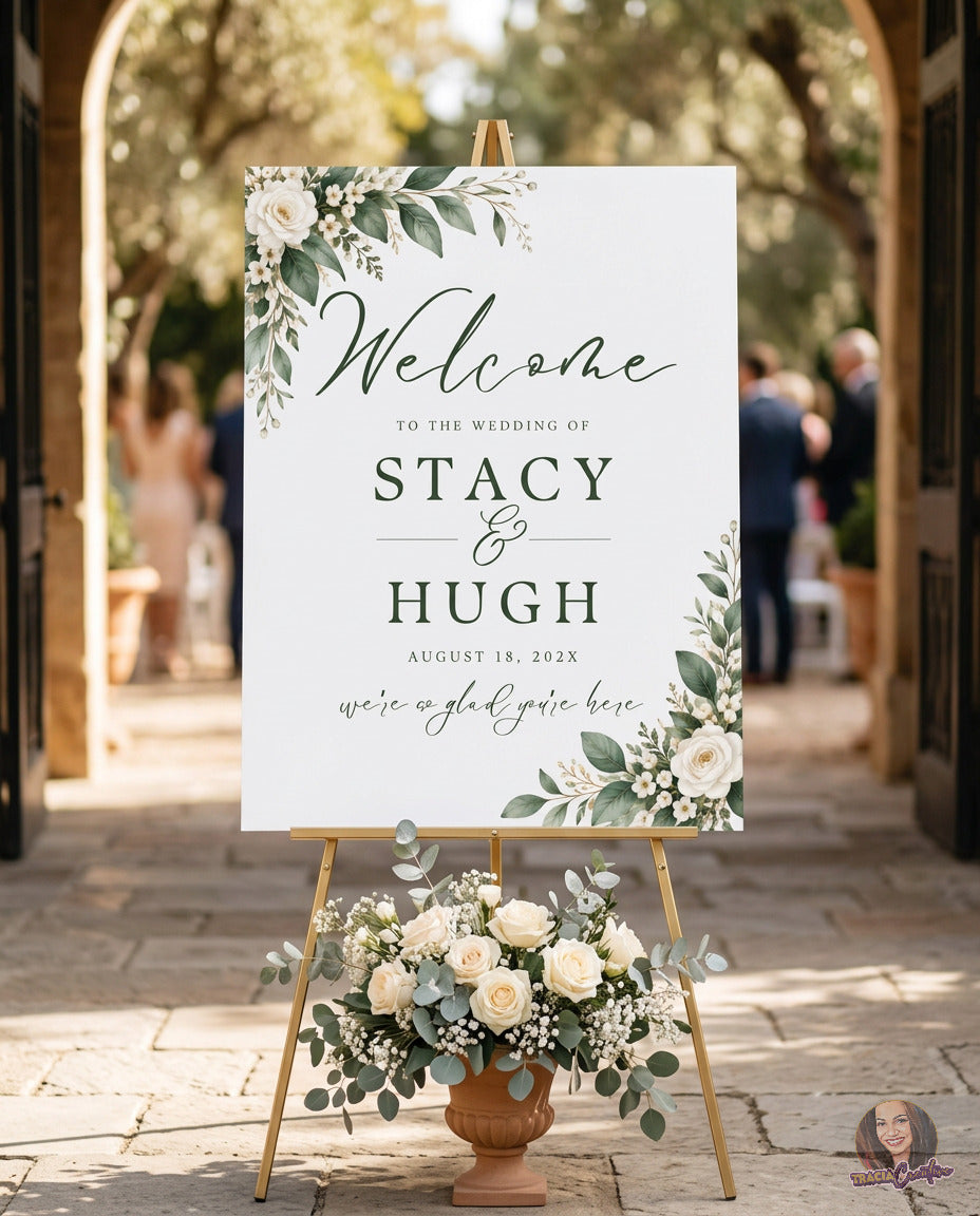 Greenery Wedding Welcome Sign Template, Eucalyptus Editable Canva Wedding Sign