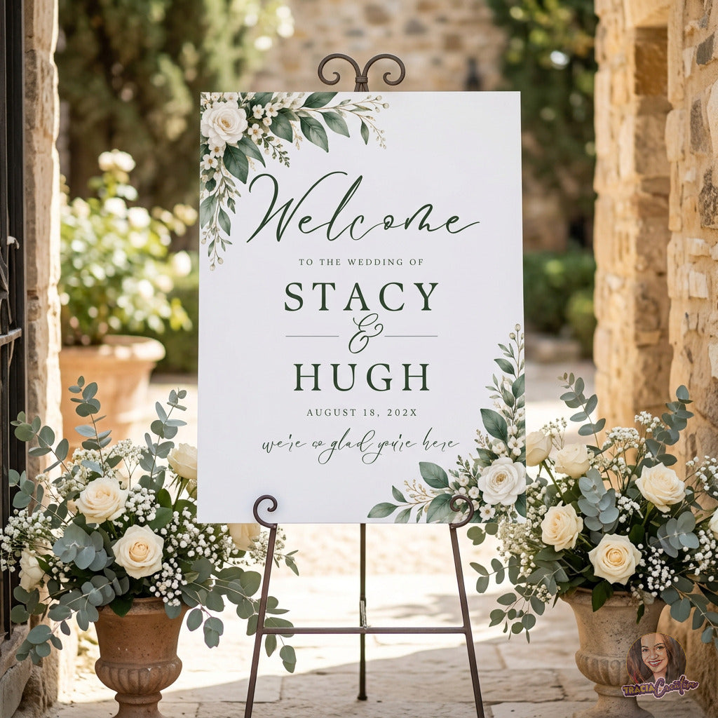 Greenery Wedding Welcome Sign Template, Eucalyptus Editable Canva Wedding Sign