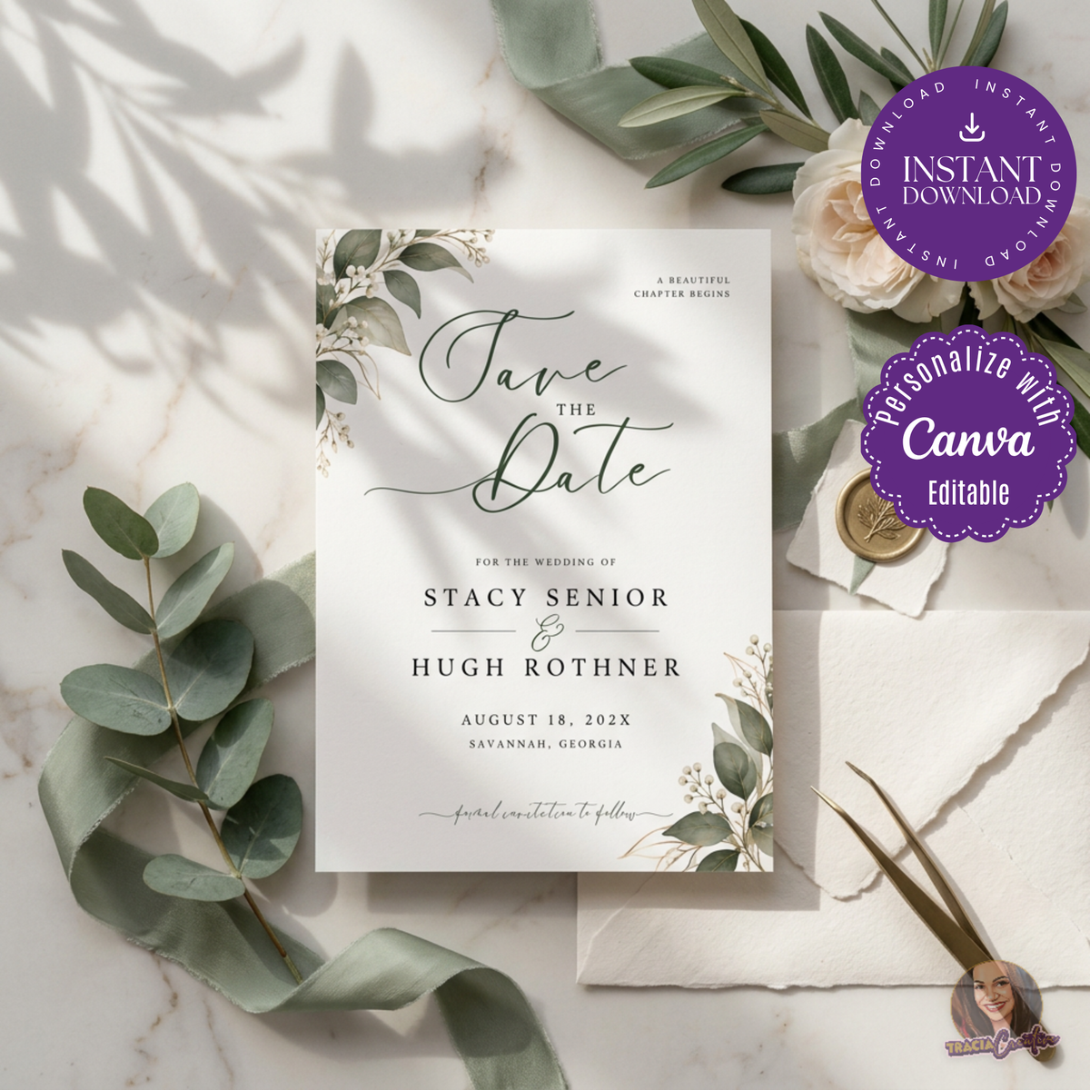 Greenery Save the Date Template, Eucalyptus Editable Canva Wedding Announcement, 5x7