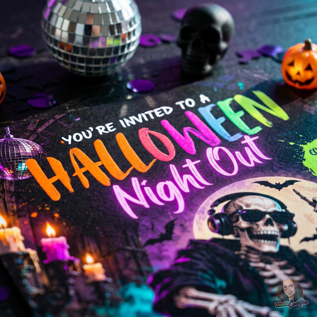 Close-up of neon Halloween Night Out lettering and a headphone-wearing skeleton