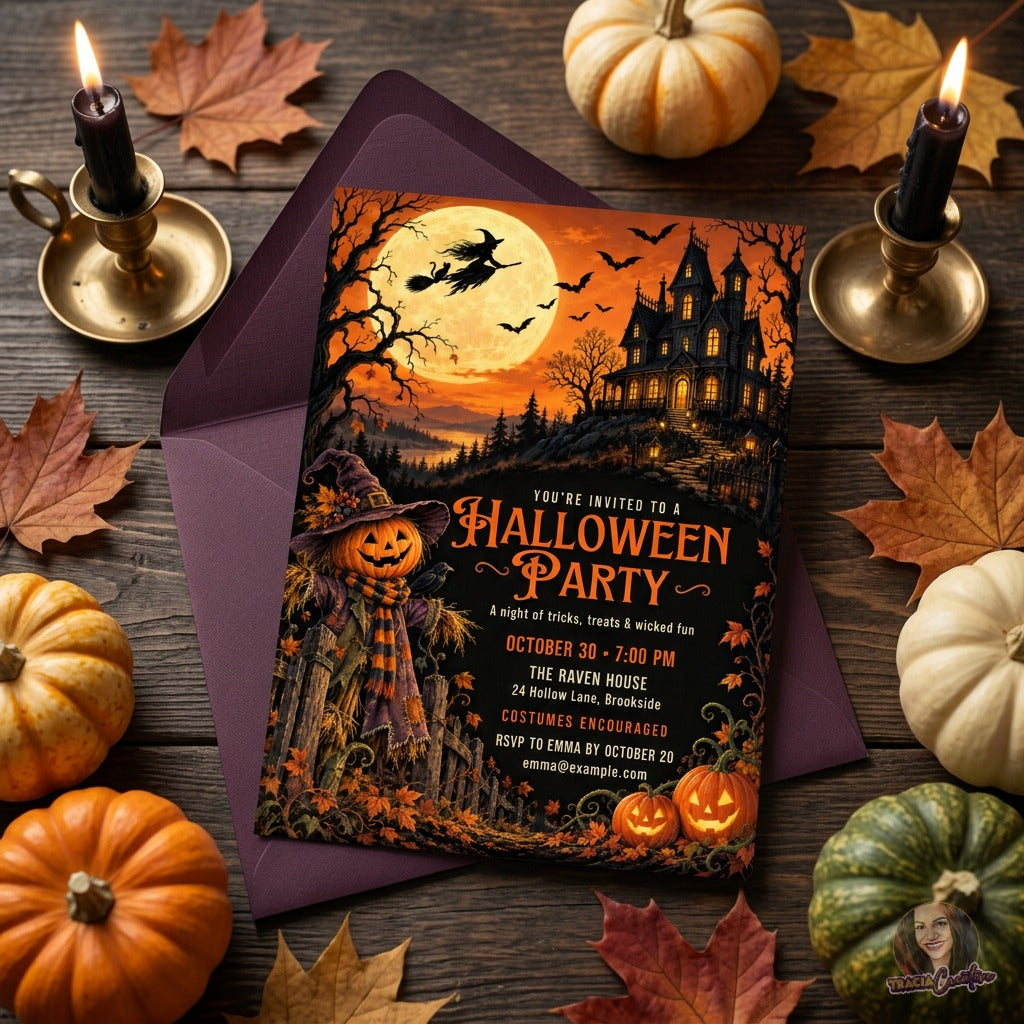 Haunted-house Halloween invitation over a purple envelope beside pumpkins, leaves and black candles.