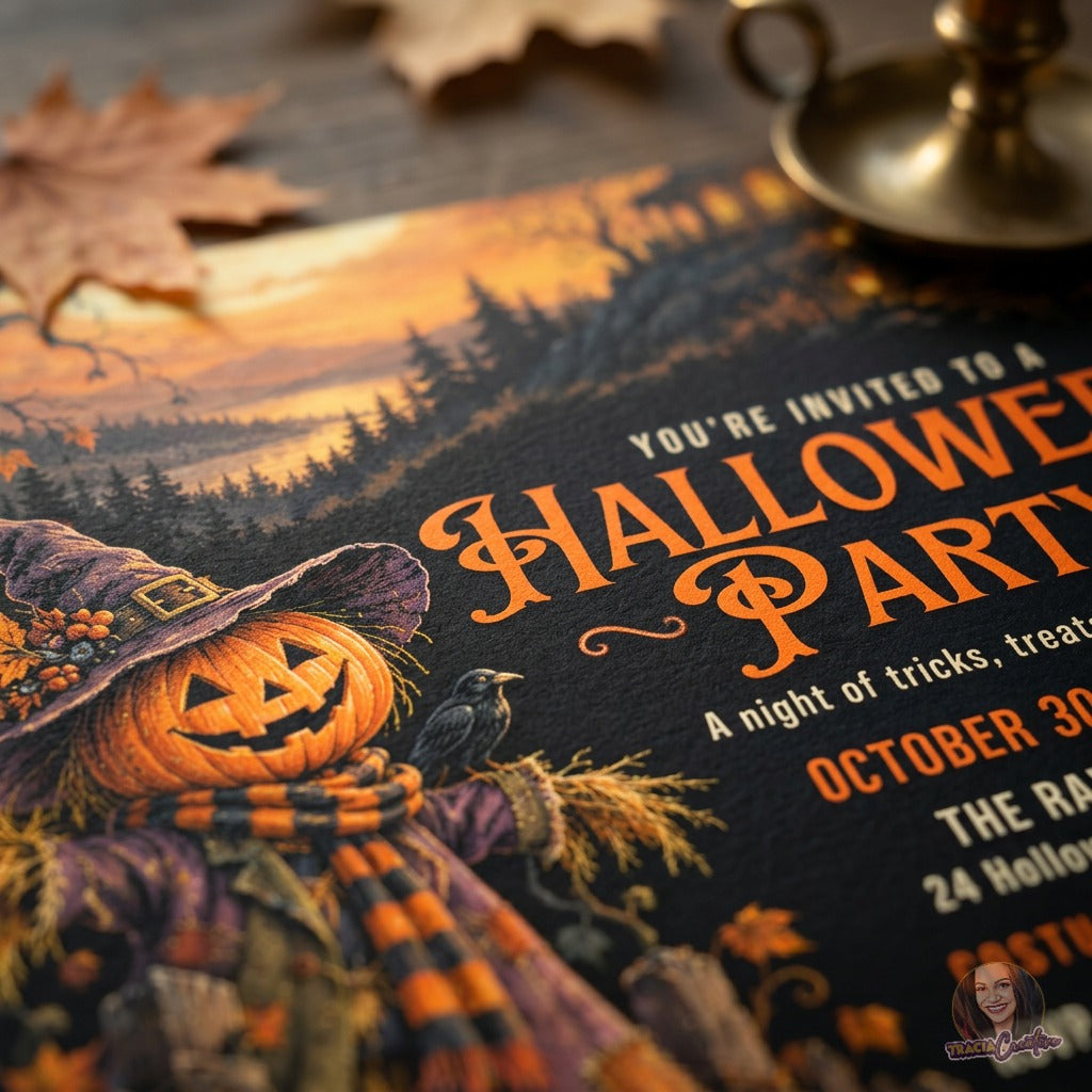 Close-up of the haunted-house invitation showing orange lettering and a jack-o'-lantern scarecrow.