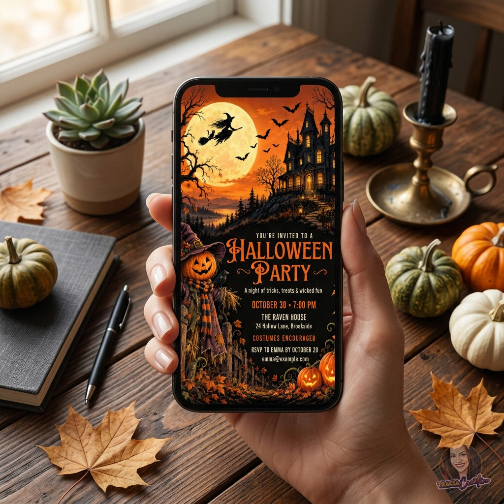 Hands holding a phone displaying the haunted-house Halloween invitation on an autumn-styled desk.