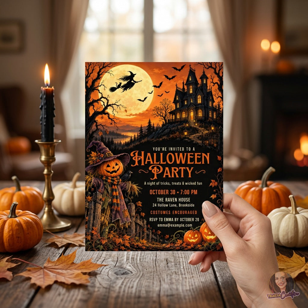 Hand holding the haunted-house invitation in front of candles and small pumpkins.