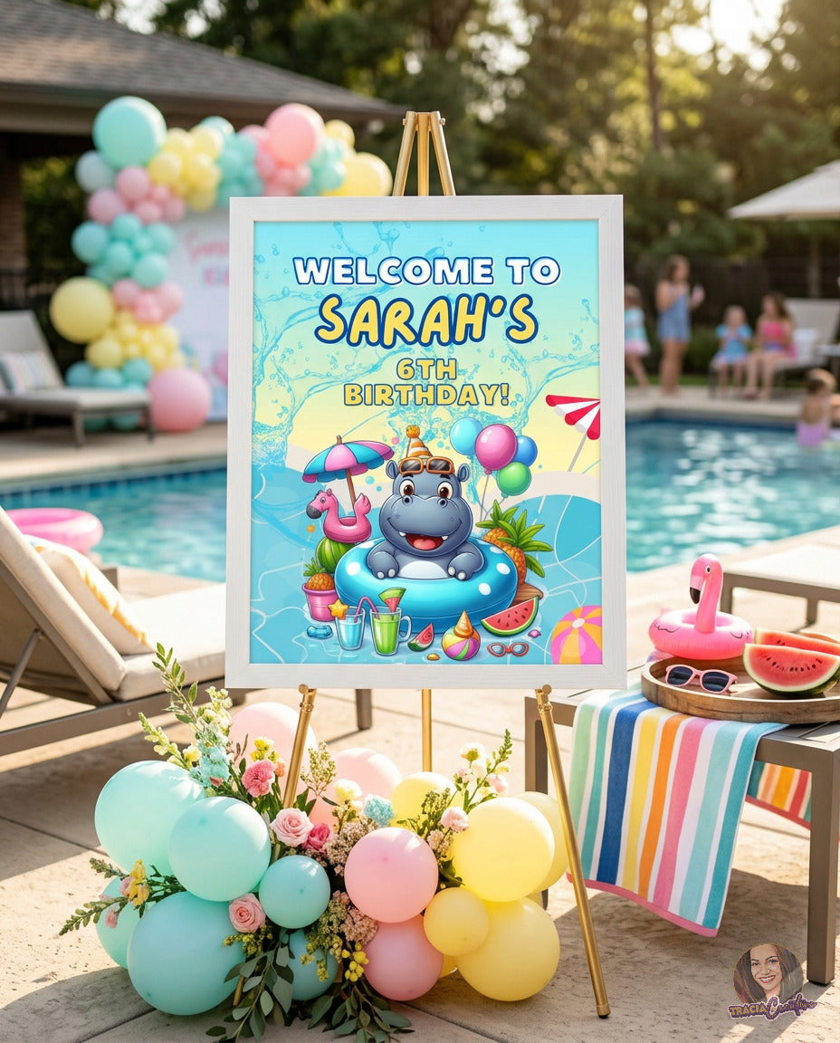 Kids’ Birthday Pool Party Welcome Sign Template, Summer Swimming Party Sign, Editable Canva Printable