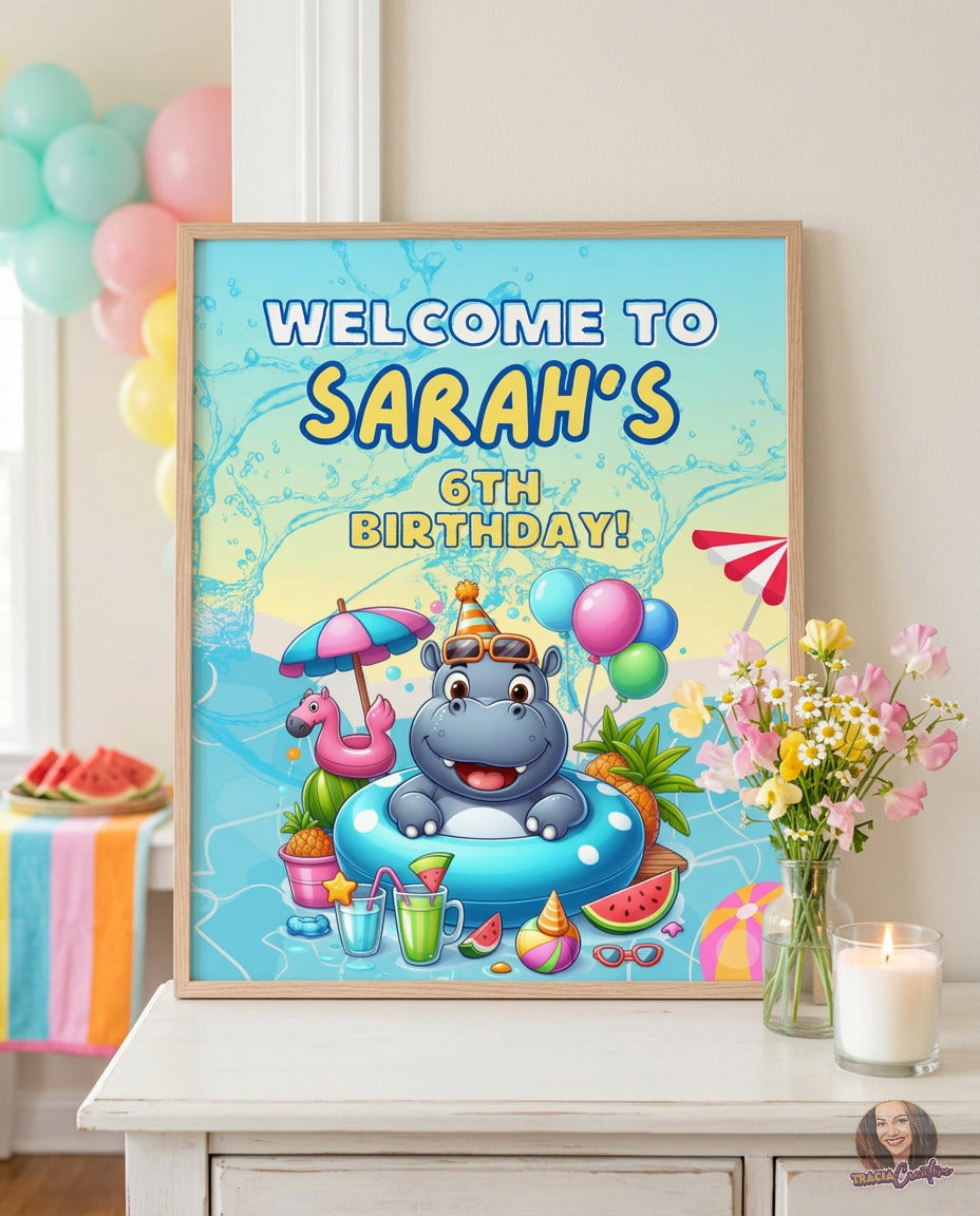 Kids’ Birthday Pool Party Welcome Sign Template, Summer Swimming Party Sign, Editable Canva Printable