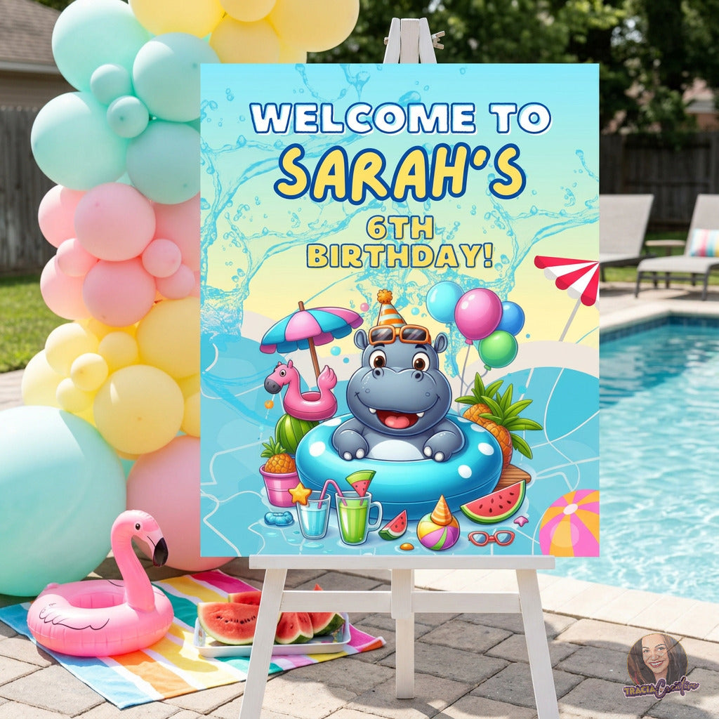Kids’ Birthday Pool Party Welcome Sign Template, Summer Swimming Party Sign, Editable Canva Printable