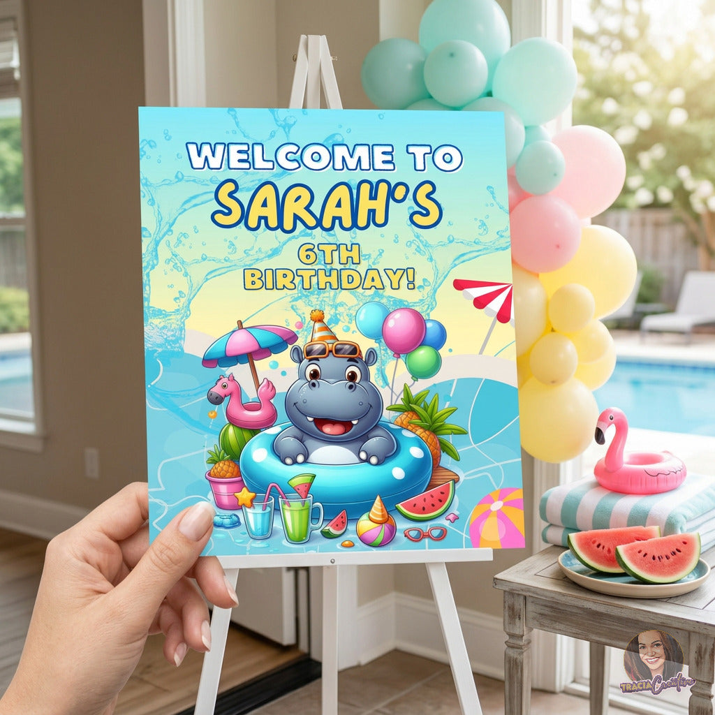 Kids’ Birthday Pool Party Welcome Sign Template, Summer Swimming Party Sign, Editable Canva Printable