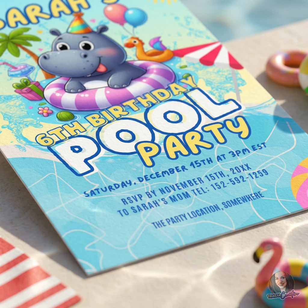 Kids’ Pool Party Birthday Invitation Template, Summer Swimming Party Invite, Editable Canva Template, Printable 5x7 Invitation