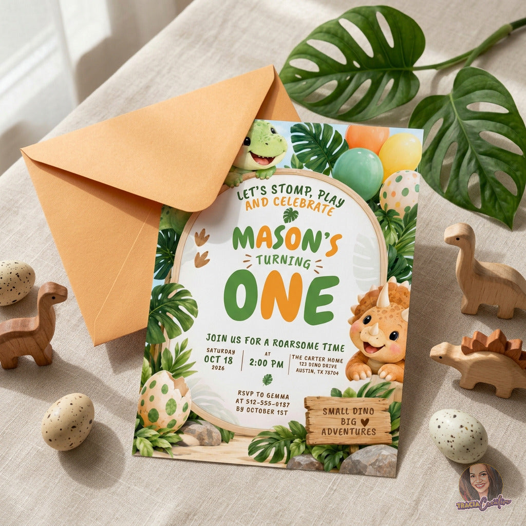 Let’s Stomp and Play Dinosaur 1st Birthday Invitation Template, Cute Jungle Dino Party Invite, Editable Canva, Printable 5x7
