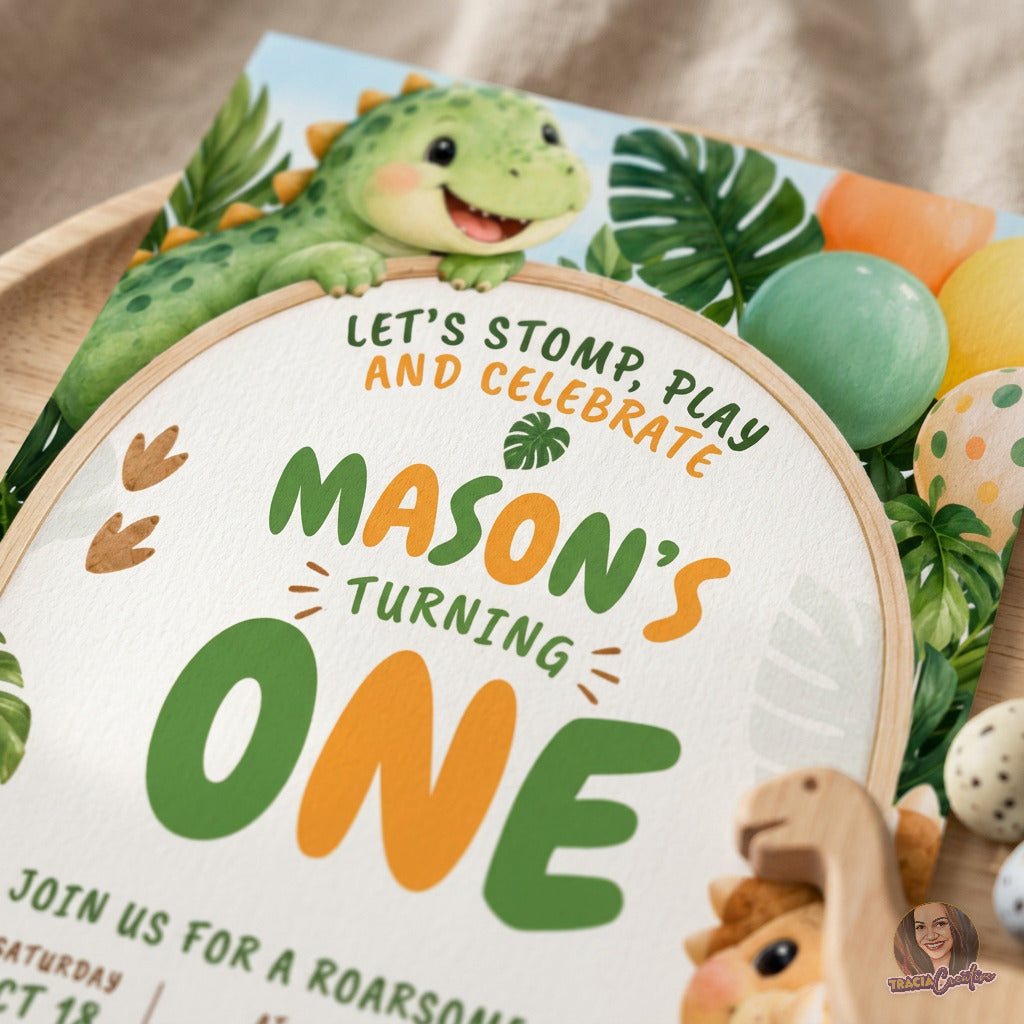 Let’s Stomp and Play Dinosaur 1st Birthday Invitation Template, Cute Jungle Dino Party Invite, Editable Canva, Printable 5x7