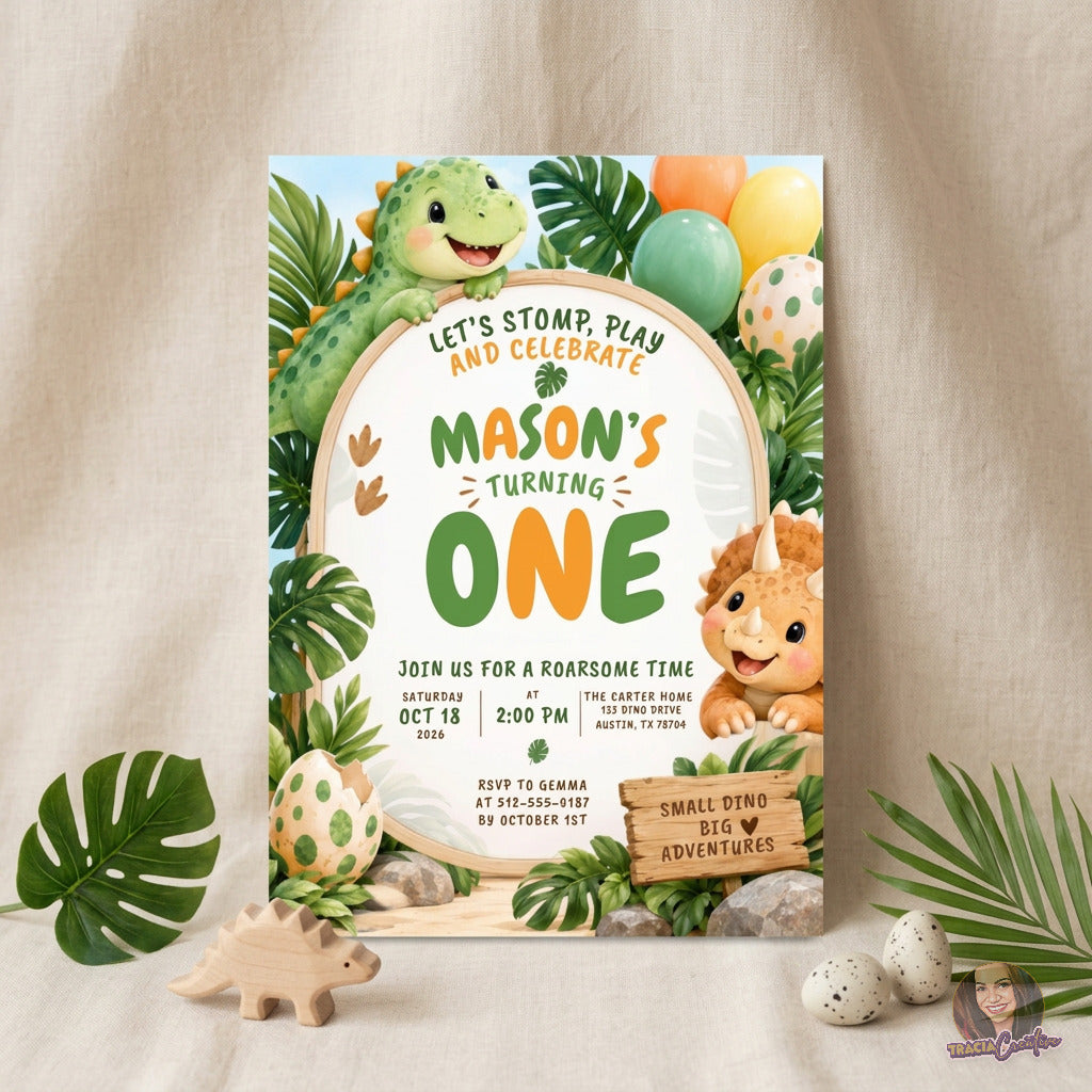 Let’s Stomp and Play Dinosaur 1st Birthday Invitation Template, Cute Jungle Dino Party Invite, Editable Canva, Printable 5x7