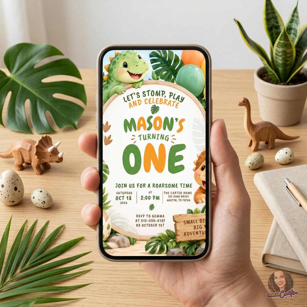 Let’s Stomp and Play Dinosaur 1st Birthday Invitation Template, Cute Jungle Dino Party Invite, Editable Canva, Printable 5x7