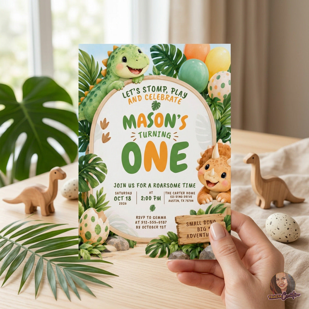 Let’s Stomp and Play Dinosaur 1st Birthday Invitation Template, Cute Jungle Dino Party Invite, Editable Canva, Printable 5x7