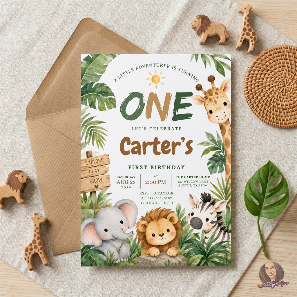Little Adventurer Safari 1st Birthday Invitation Template, Jungle Animal Party Invite, Editable Canva, Printable 5x7