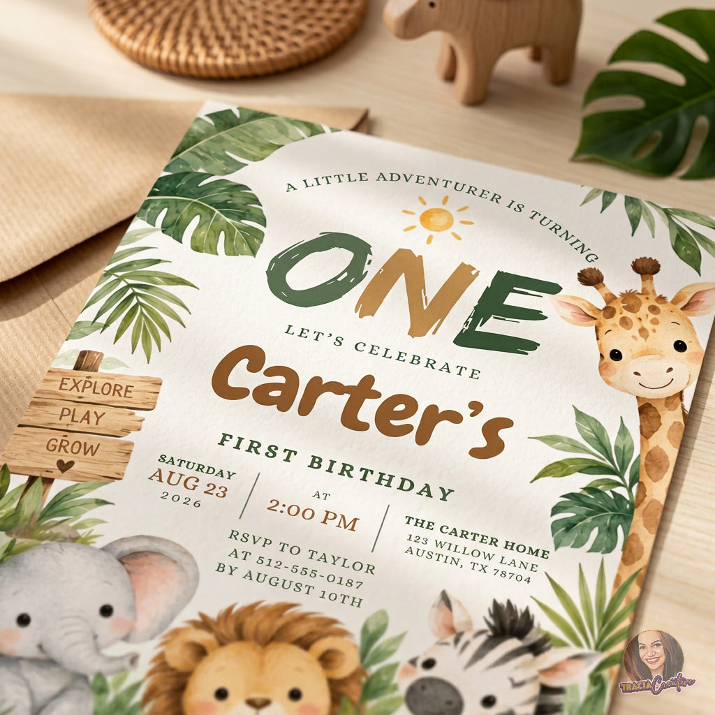 Little Adventurer Safari 1st Birthday Invitation Template, Jungle Animal Party Invite, Editable Canva, Printable 5x7
