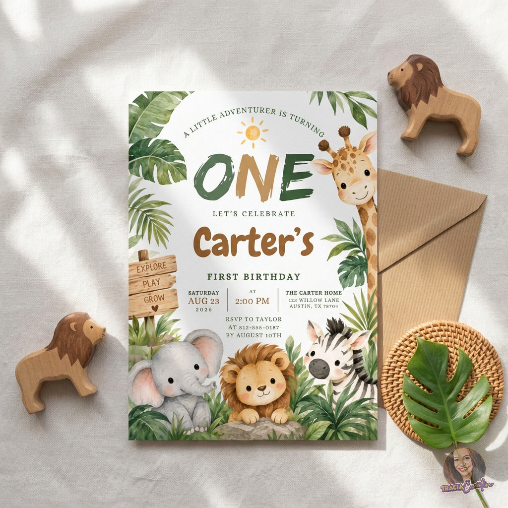 Little Adventurer Safari 1st Birthday Invitation Template, Jungle Animal Party Invite, Editable Canva, Printable 5x7