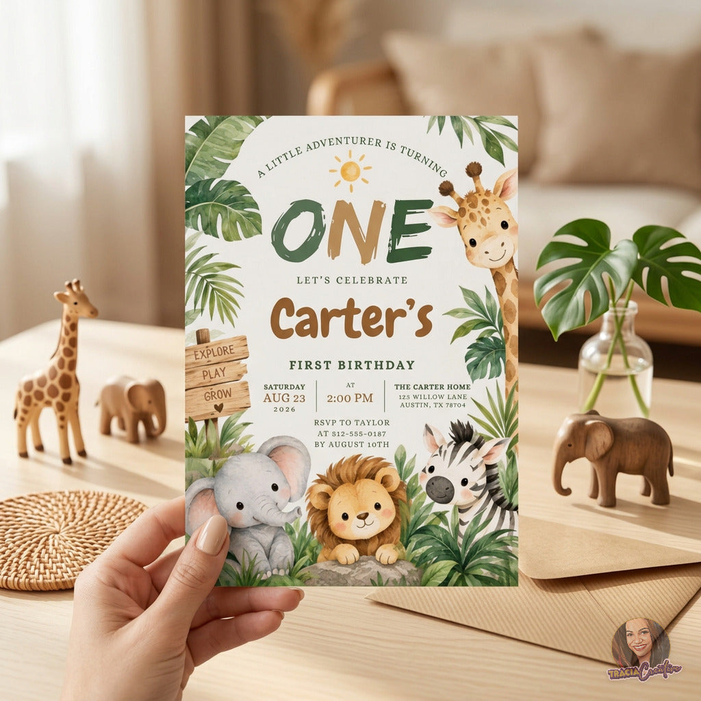 Little Adventurer Safari 1st Birthday Invitation Template, Jungle Animal Party Invite, Editable Canva, Printable 5x7