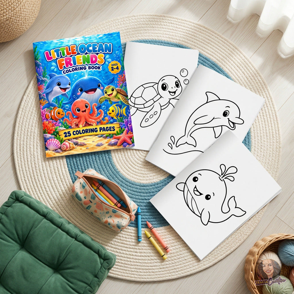 Ocean coloring-book cover with turtle, dolphin and whale outline sheets on a round rug.
