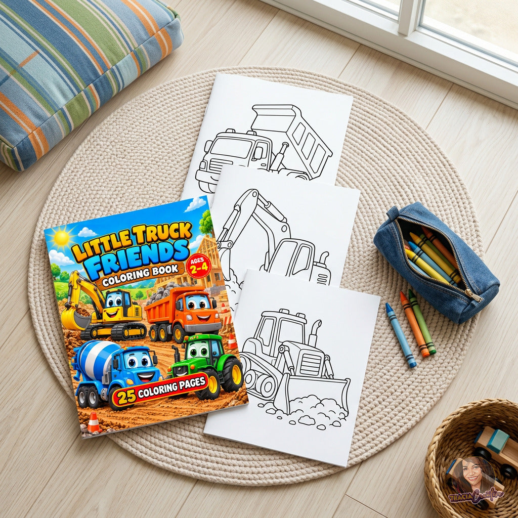 Truck coloring-book cover with construction vehicle sheets arranged on a round rug by a window.