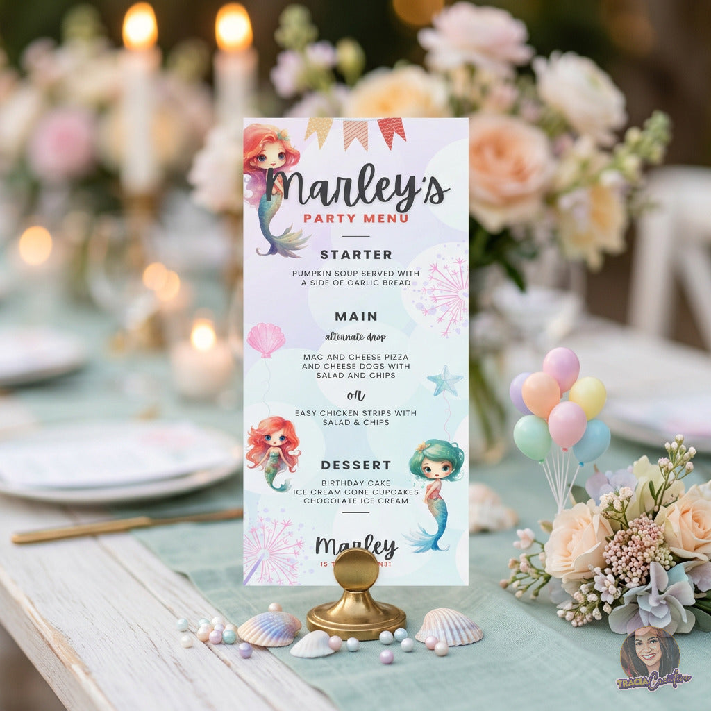 Mermaid Birthday Party Menu Template, Under the Sea Kids Party Food Menu, Editable Canva, Printable 3.75x9