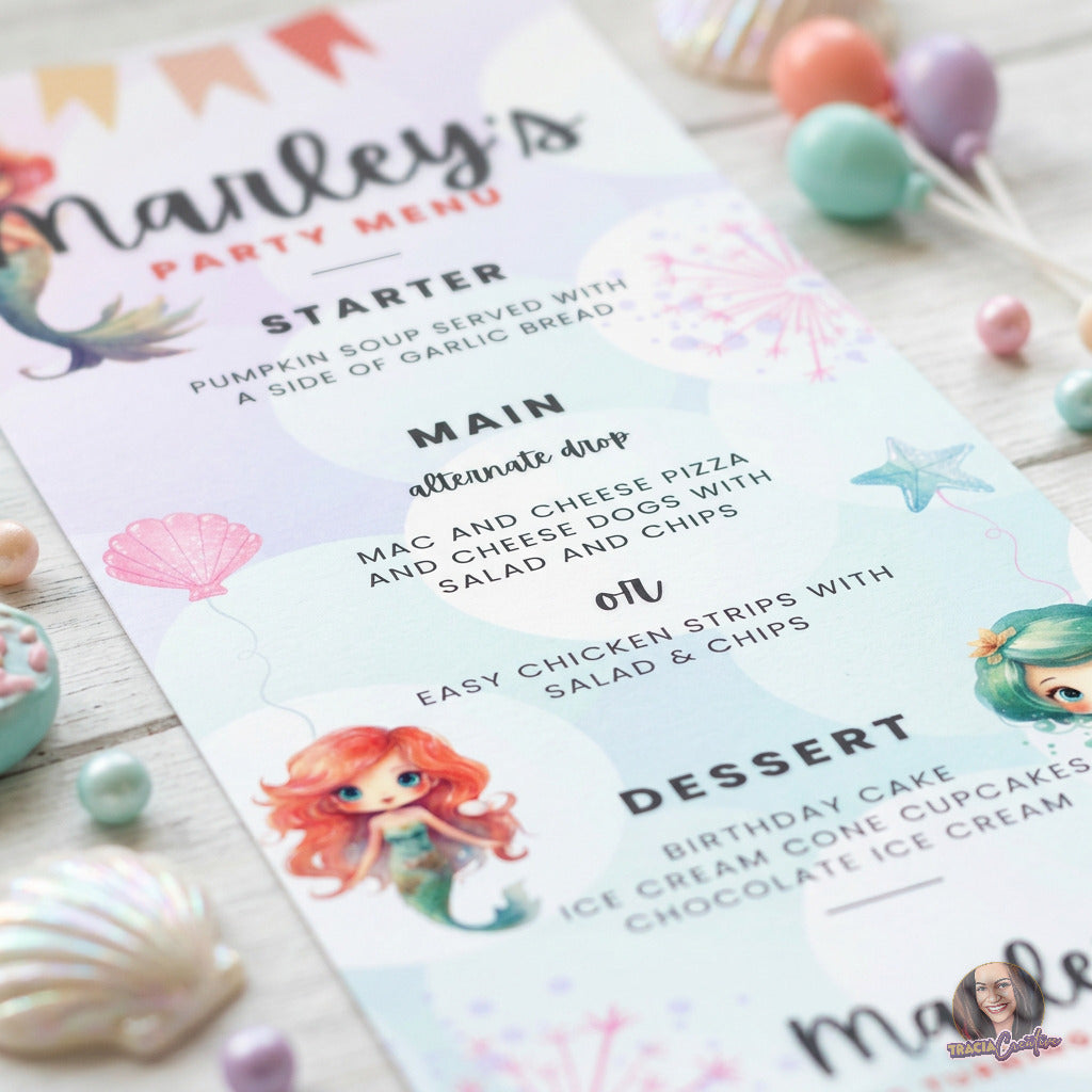 Mermaid Birthday Party Menu Template, Under the Sea Kids Party Food Menu, Editable Canva, Printable 3.75x9