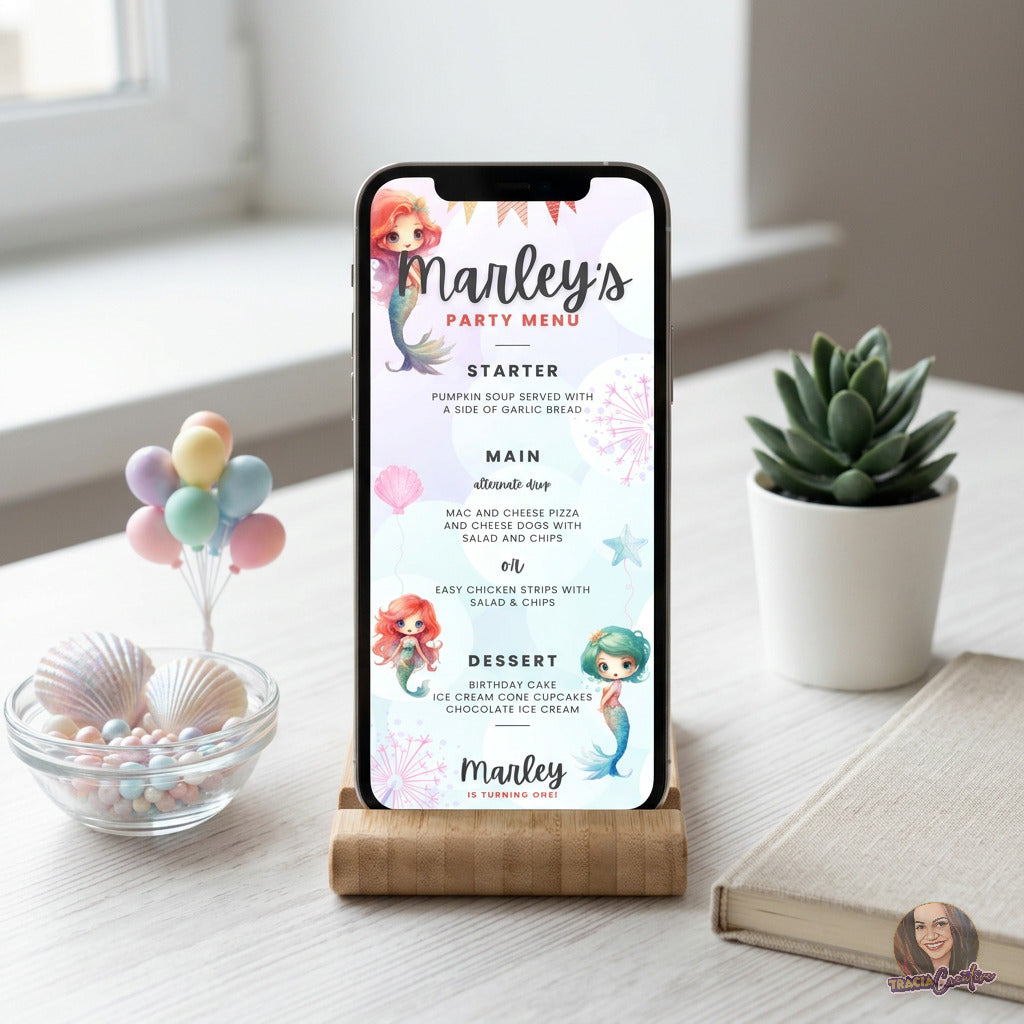 Mermaid Birthday Party Menu Template, Under the Sea Kids Party Food Menu, Editable Canva, Printable 3.75x9