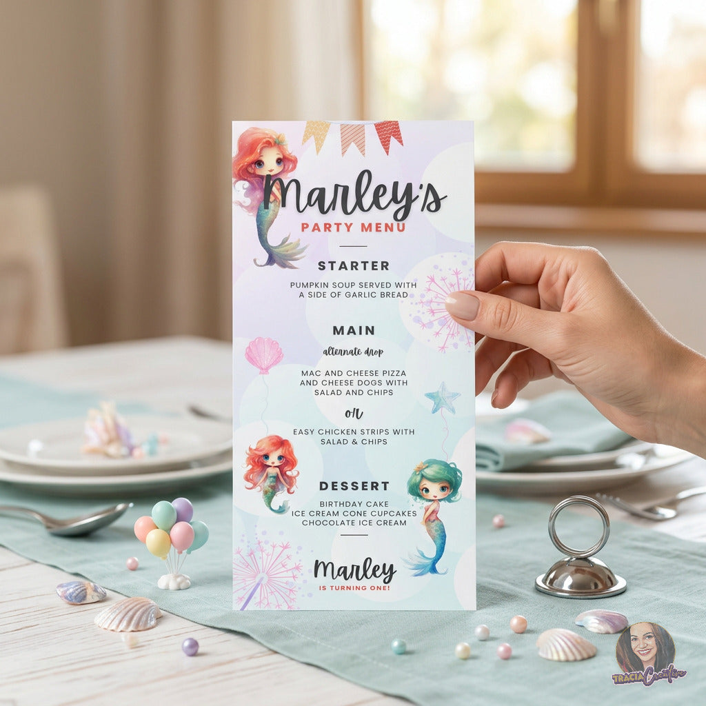 Mermaid Birthday Party Menu Template, Under the Sea Kids Party Food Menu, Editable Canva, Printable 3.75x9