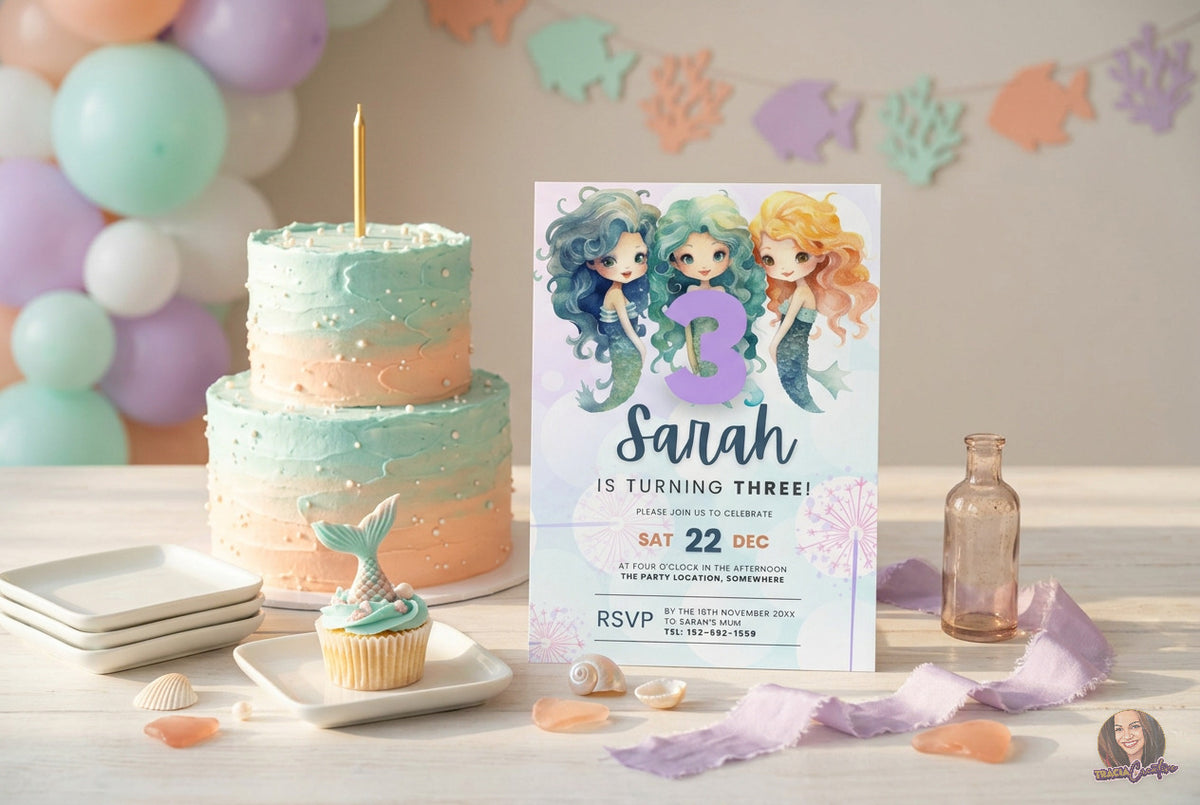 Mermaid Third Birthday Invitation Template, Under the Sea Girls’ 3rd Birthday Party Invite, Editable Canva Template, Printable 5x7 Invitation