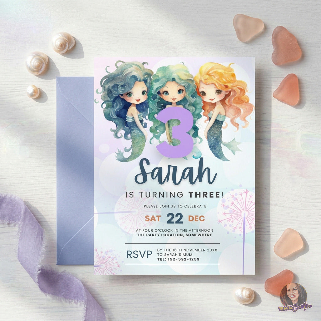 Mermaid Third Birthday Invitation Template, Under the Sea Girls’ 3rd Birthday Party Invite, Editable Canva Template, Printable 5x7 Invitation