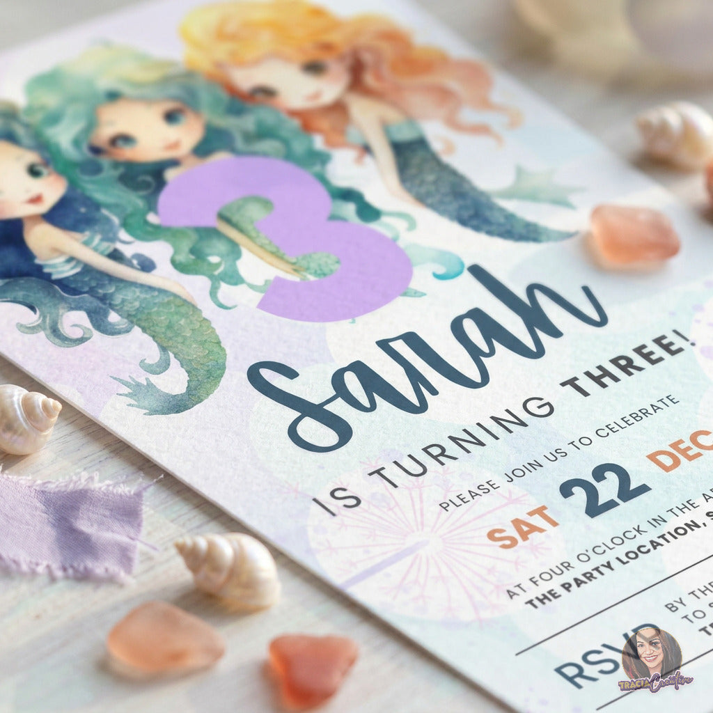 Mermaid Third Birthday Invitation Template, Under the Sea Girls’ 3rd Birthday Party Invite, Editable Canva Template, Printable 5x7 Invitation