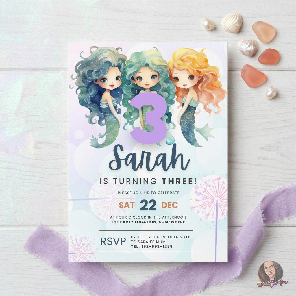 Mermaid Third Birthday Invitation Template, Under the Sea Girls’ 3rd Birthday Party Invite, Editable Canva Template, Printable 5x7 Invitation