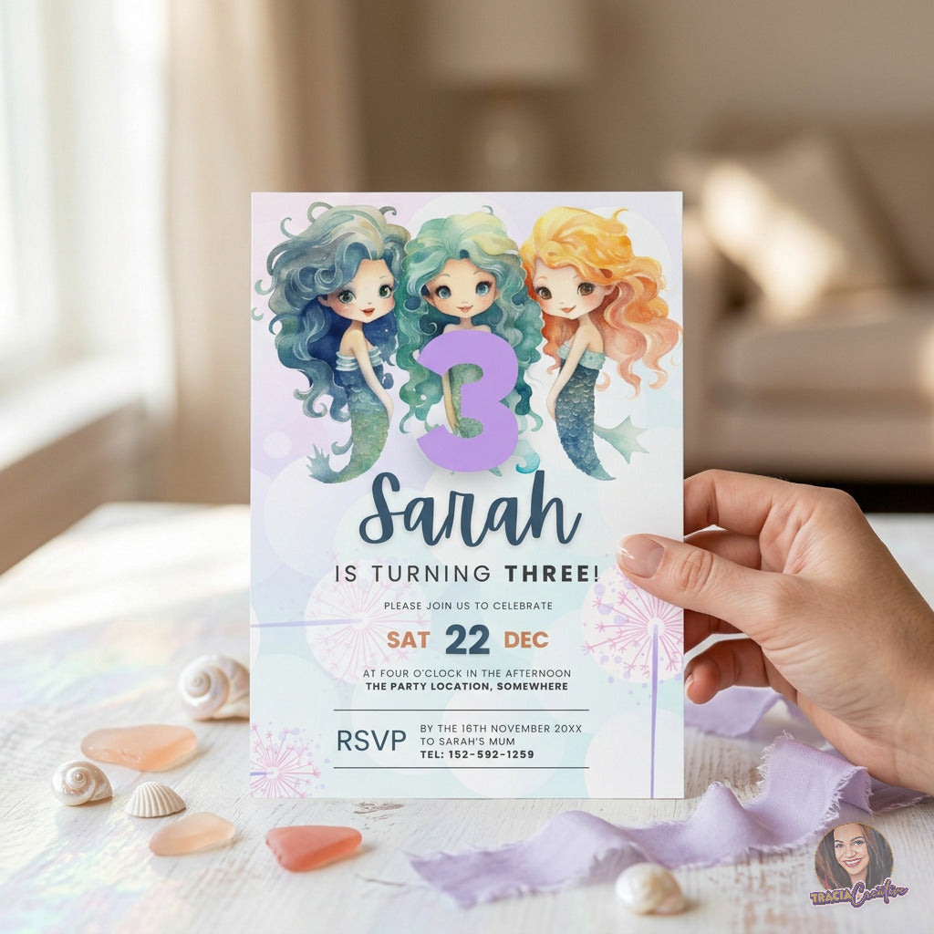 Mermaid Third Birthday Invitation Template, Under the Sea Girls’ 3rd Birthday Party Invite, Editable Canva Template, Printable 5x7 Invitation