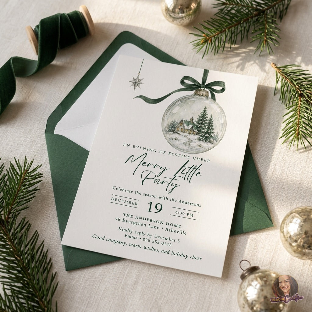 Merry Little Party Christmas Invitation Template, Editable Canva Holiday Party Invite, Watercolor Snow Globe Ornament, Printable 5x7