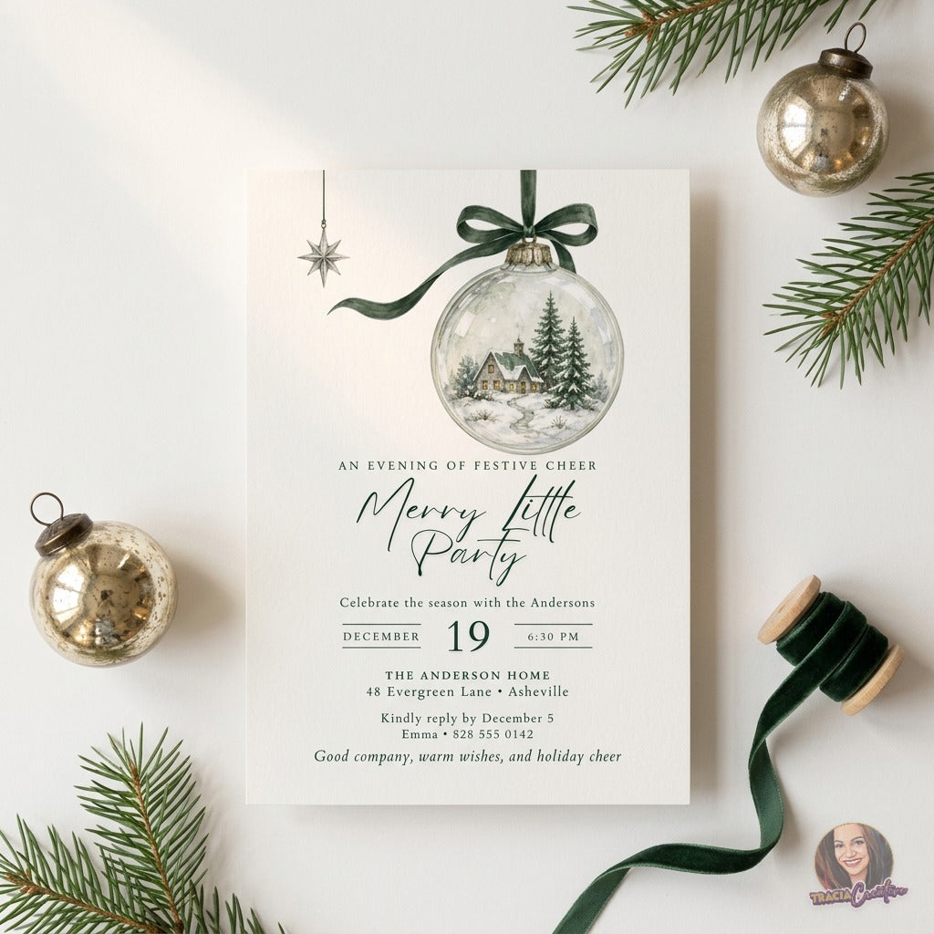 Merry Little Party Christmas Invitation Template, Editable Canva Holiday Party Invite, Watercolor Snow Globe Ornament, Printable 5x7
