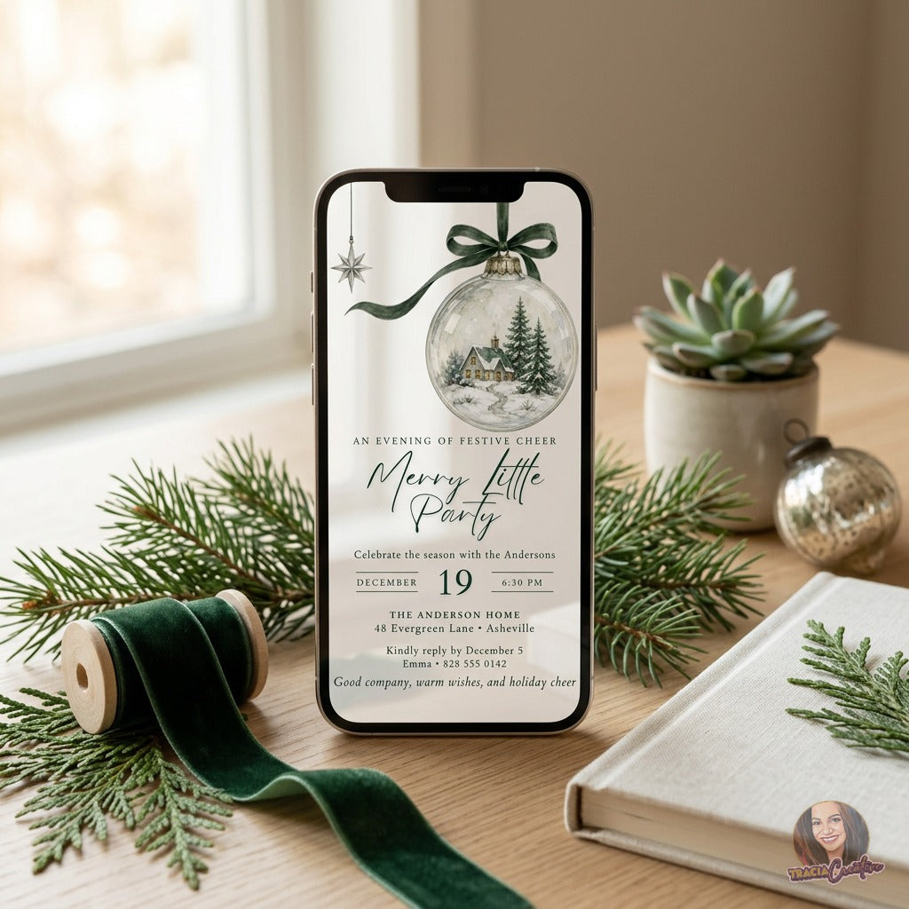 Merry Little Party Christmas Invitation Template, Editable Canva Holiday Party Invite, Watercolor Snow Globe Ornament, Printable 5x7