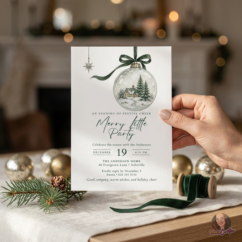 Merry Little Party Christmas Invitation Template, Editable Canva Holiday Party Invite, Watercolor Snow Globe Ornament, Printable 5x7