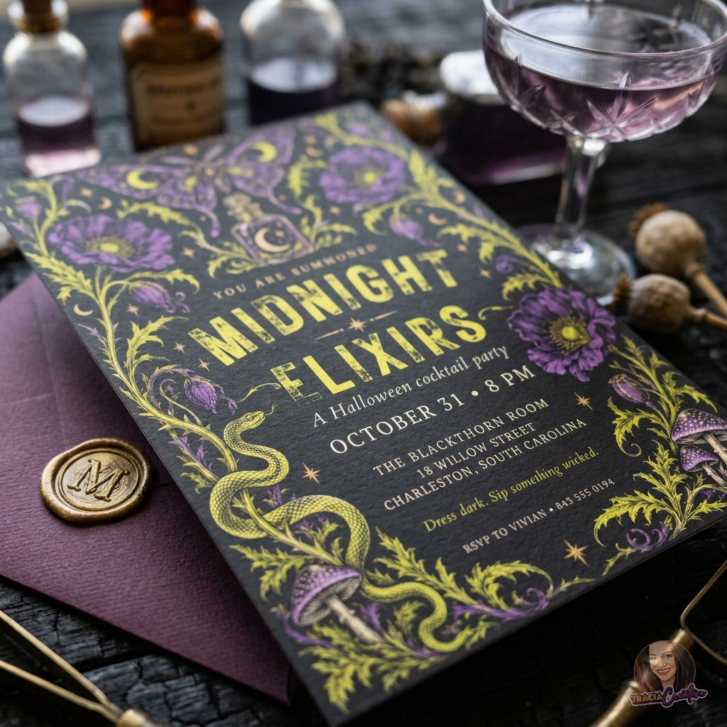 Midnight Elixirs Halloween Cocktail Party Invitation Template, Gothic Witchy Halloween Invite, Editable Canva Digital Download, 5x7