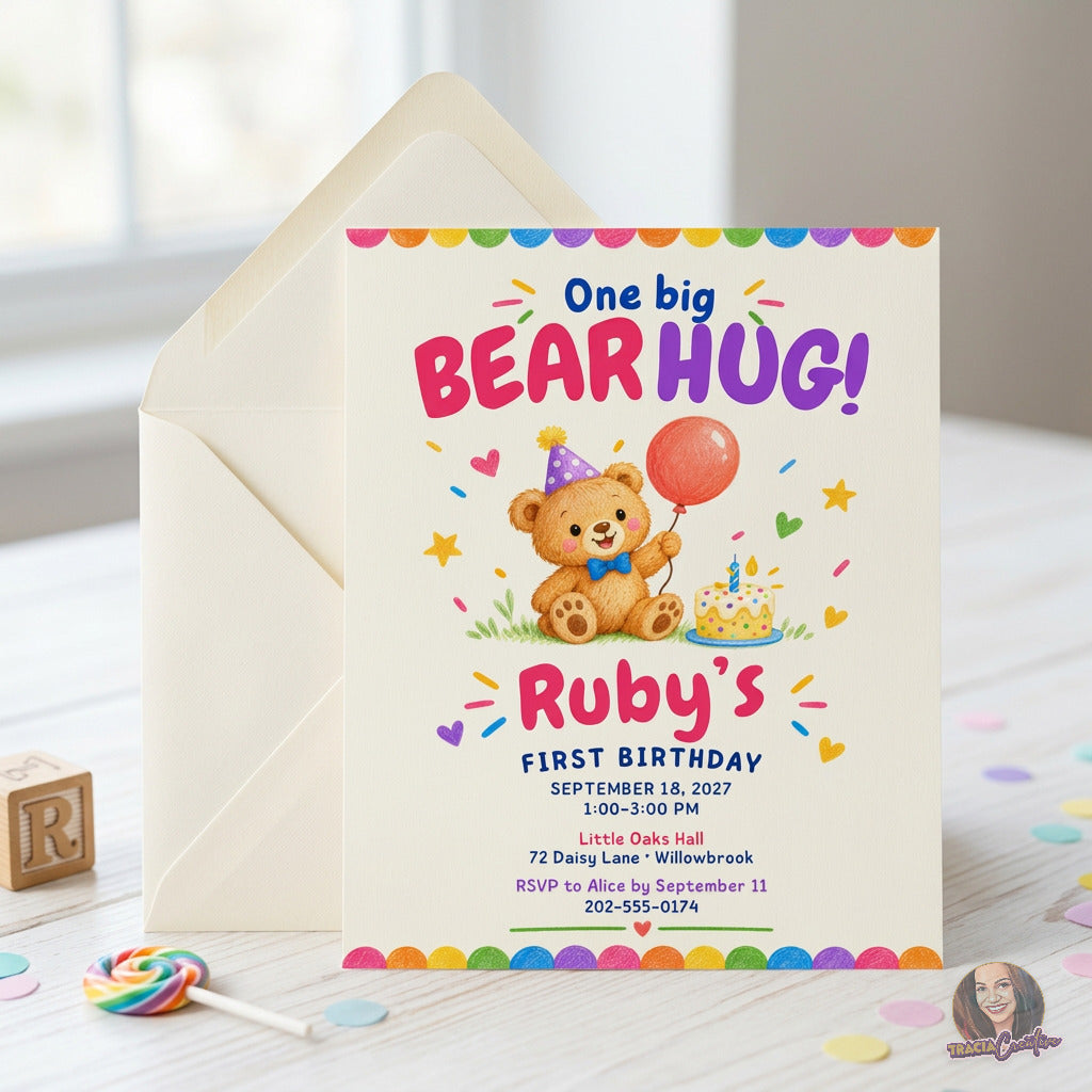 One Big Bear Hug first birthday invitation with a colorful teddy bear, balloon and confetti, on an ivory envelope.