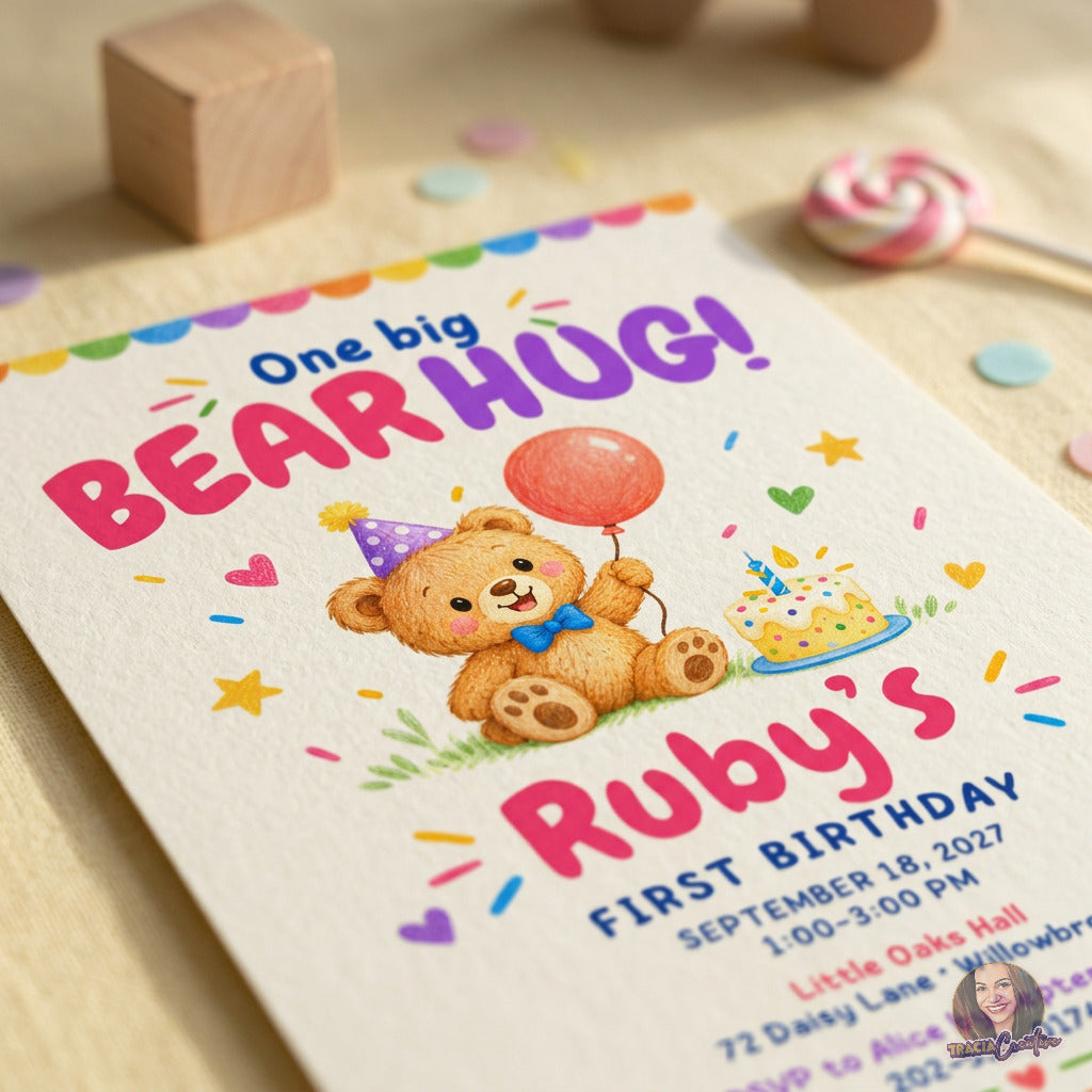 One Big Bear Hug first birthday invitation with a colorful teddy bear, balloon and confetti, close-up of teddy bear and Bear Hug lettering.
