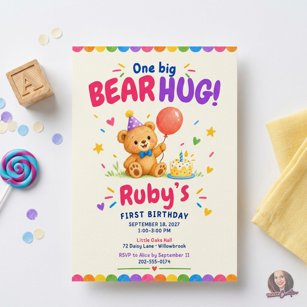 One Big Bear Hug first birthday invitation with a colorful teddy bear, balloon and confetti, laid flat among toy blocks and candy.
