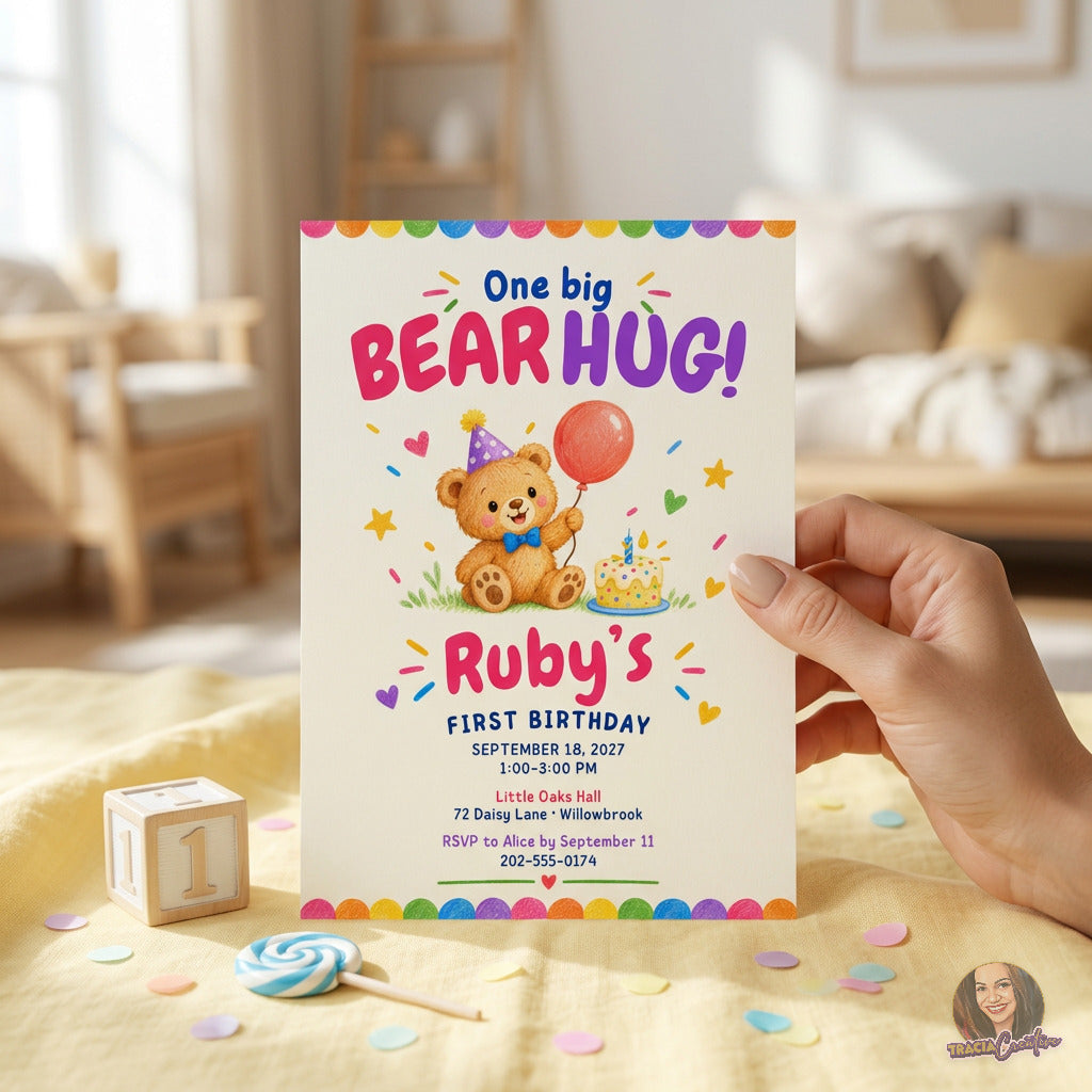 One Big Bear Hug first birthday invitation with a colorful teddy bear, balloon and confetti, held in a hand.