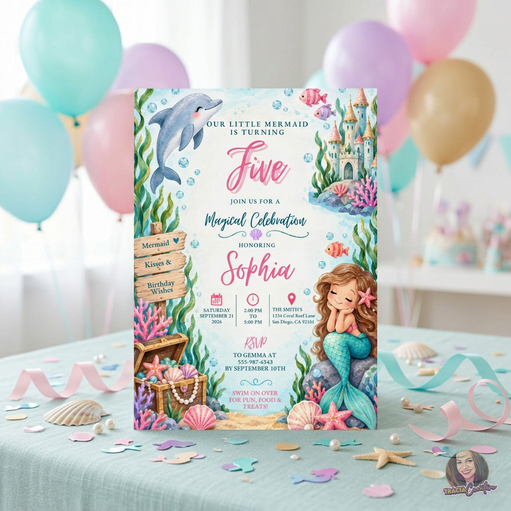 Our Little Mermaid Birthday Invitation Template, Under the Sea Kids’ Party Invite, Editable Canva Template, Printable 5x7 Invitation